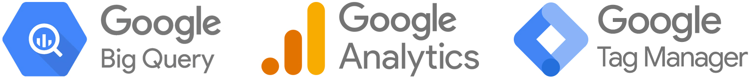 Logos for Google Big Query, Google Analytics, and Google Tag Manager